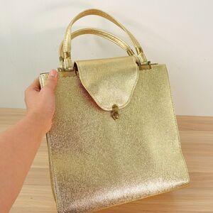 Vintage Top Handle Bag Medium Metallic Gold Solid‎ Tote Evening Formal Party PVC